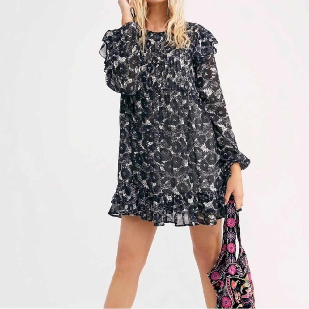Free People These Dreams Black Floral Mini Long Sleeve Dress Size XS